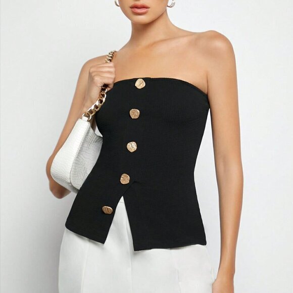 Black Casual Women's Button Front Split Hem Bandeau Top - Picture 6 of 7